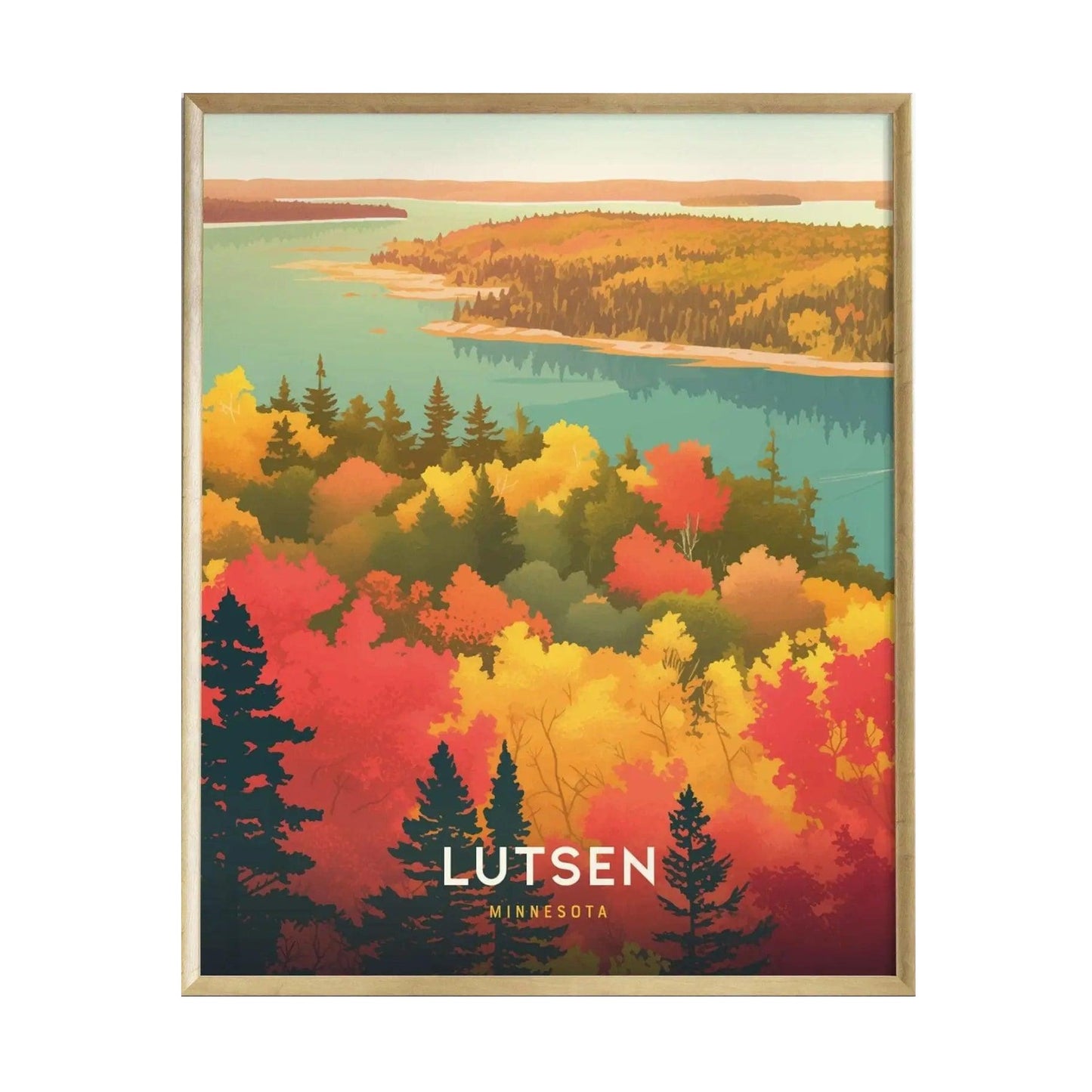 A vibrant poster featuring a scenic view of Lutsen, Minnesota, showcasing colorful autumn foliage with shades of red, orange, and yellow trees. Lake Superior is visible in the background, framed by rolling hills and a clear blue sky.