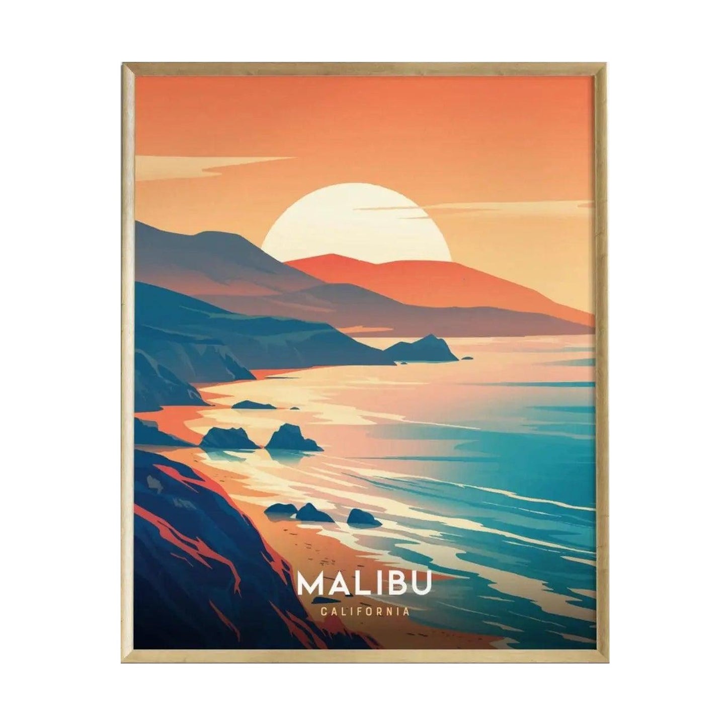 A vibrant poster depicting the rugged coastline of Malibu, California, features bold colors of orange, blue, and gold. The sun sets over the ocean, illuminating the waves and rocky formations, creating a stunning coastal scene.