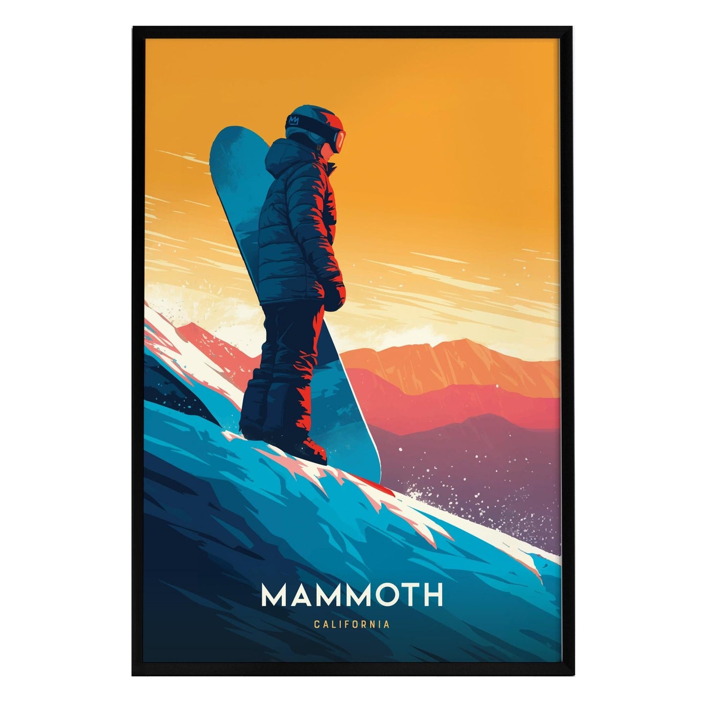 A stylized poster depicting a snowboarder in winter gear standing on a snowy slope, gazing at a vibrant sunset over mountainous terrain. The artwork features bold colors and the word MAMMOTH prominently at the bottom.