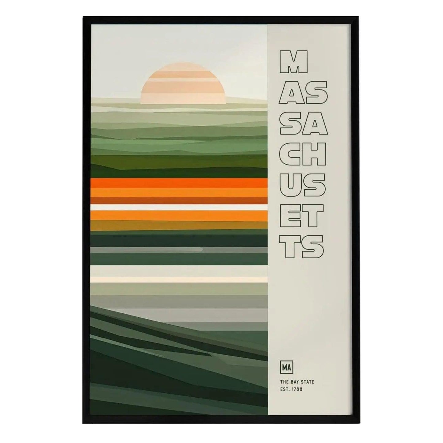 A minimalist poster features the word MASSACHUSETTS in bold letters alongside abstract shapes representing rolling hills and a stylized sunset.