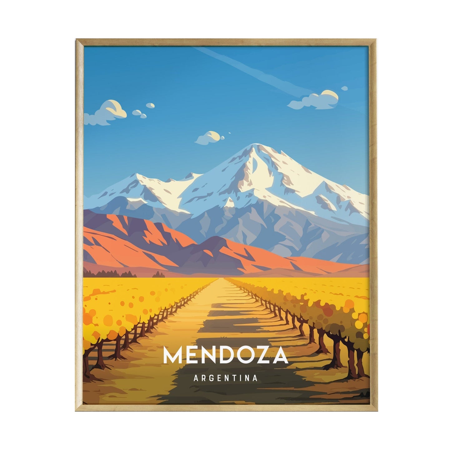 A vibrant poster featuring a scenic view of Mendoza, Argentina, showcasing golden vineyards leading towards majestic, snow-capped mountains under a clear blue sky.