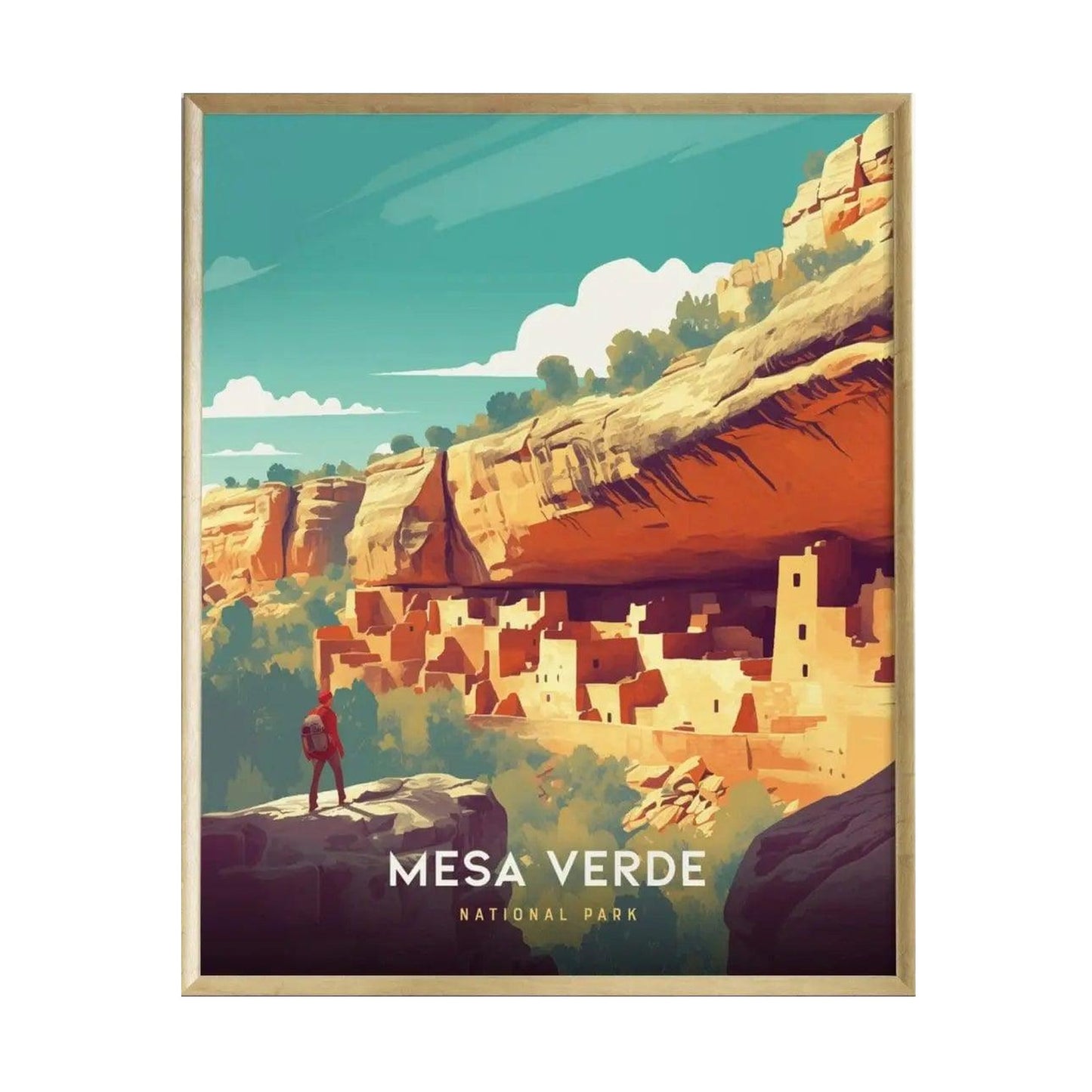 A vibrant poster depicting the stunning landscape of Mesa Verde National Park, featuring ancient cliff dwellings nestled among sandstone cliffs. A lone hiker stands on a rocky outcrop, gazing at the historic site under a bright, blue sky.