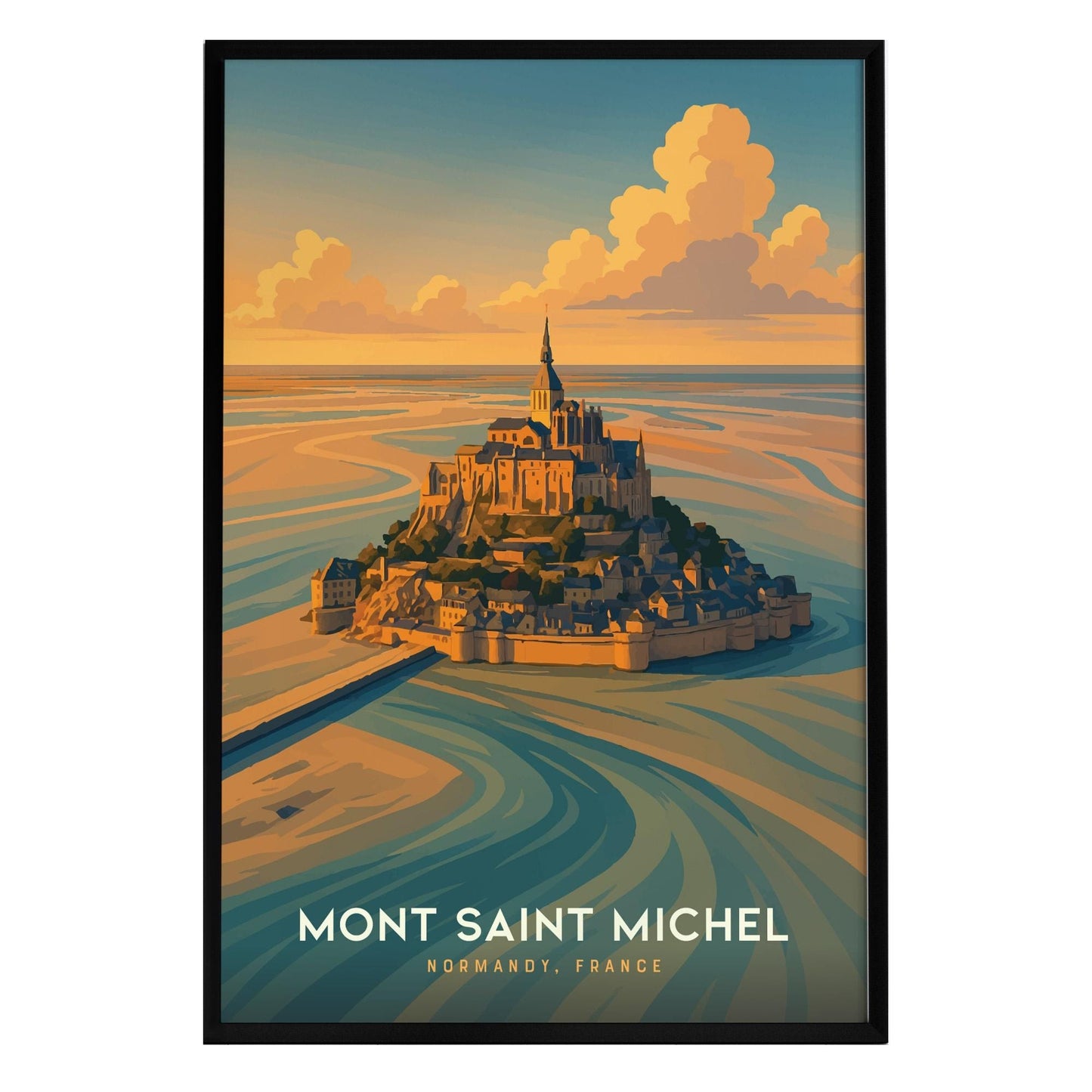 A vibrant poster featuring Mont-Saint-Michel, highlighting the iconic abbey atop the rocky island surrounded by tidal waters.
