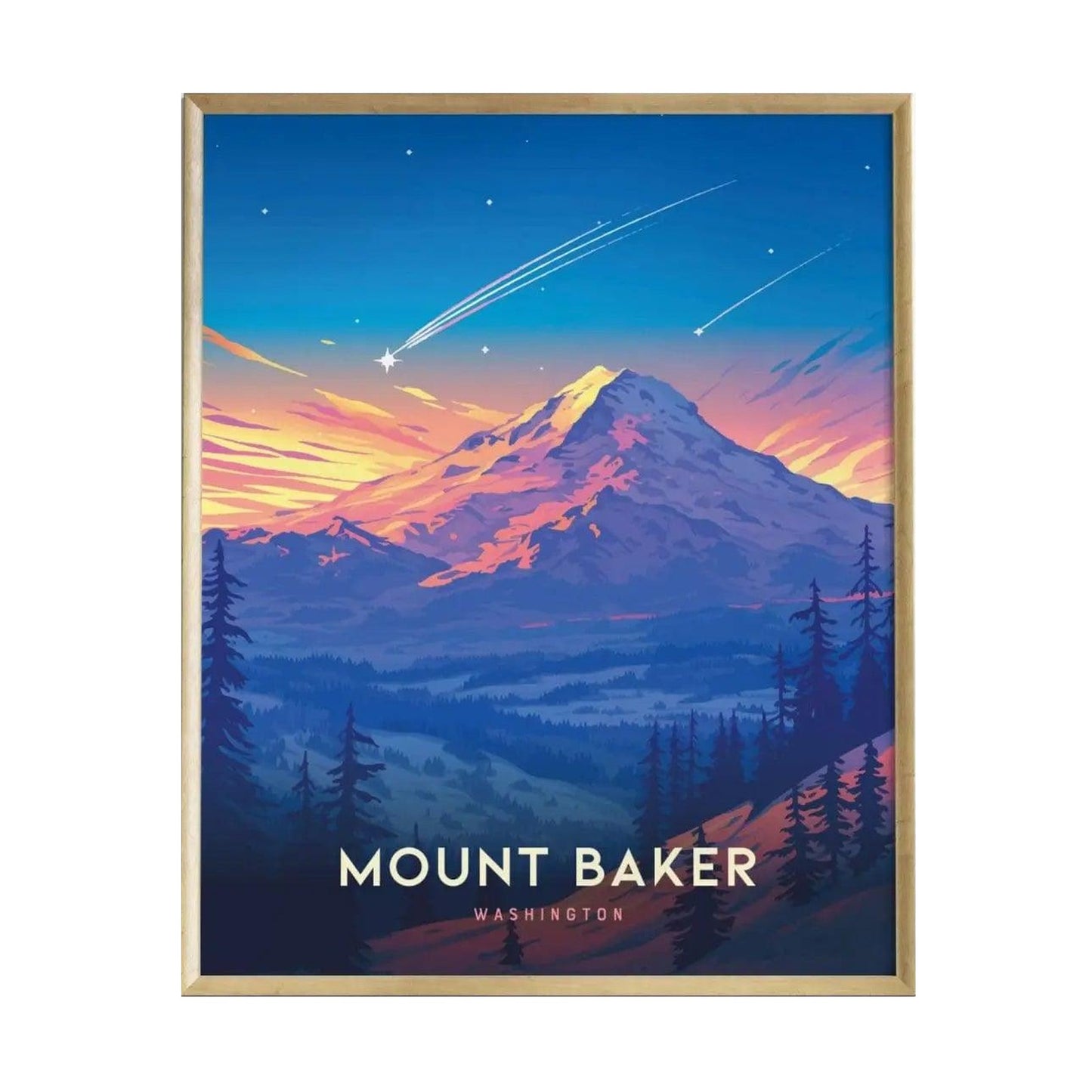 A vibrant poster of Mount Baker showcases the majestic volcano against a colorful sunset, with deep blues and warm oranges illuminating the sky. Tall evergreen trees frame the foreground, enhancing the Pacific Northwest landscape aesthetic.
