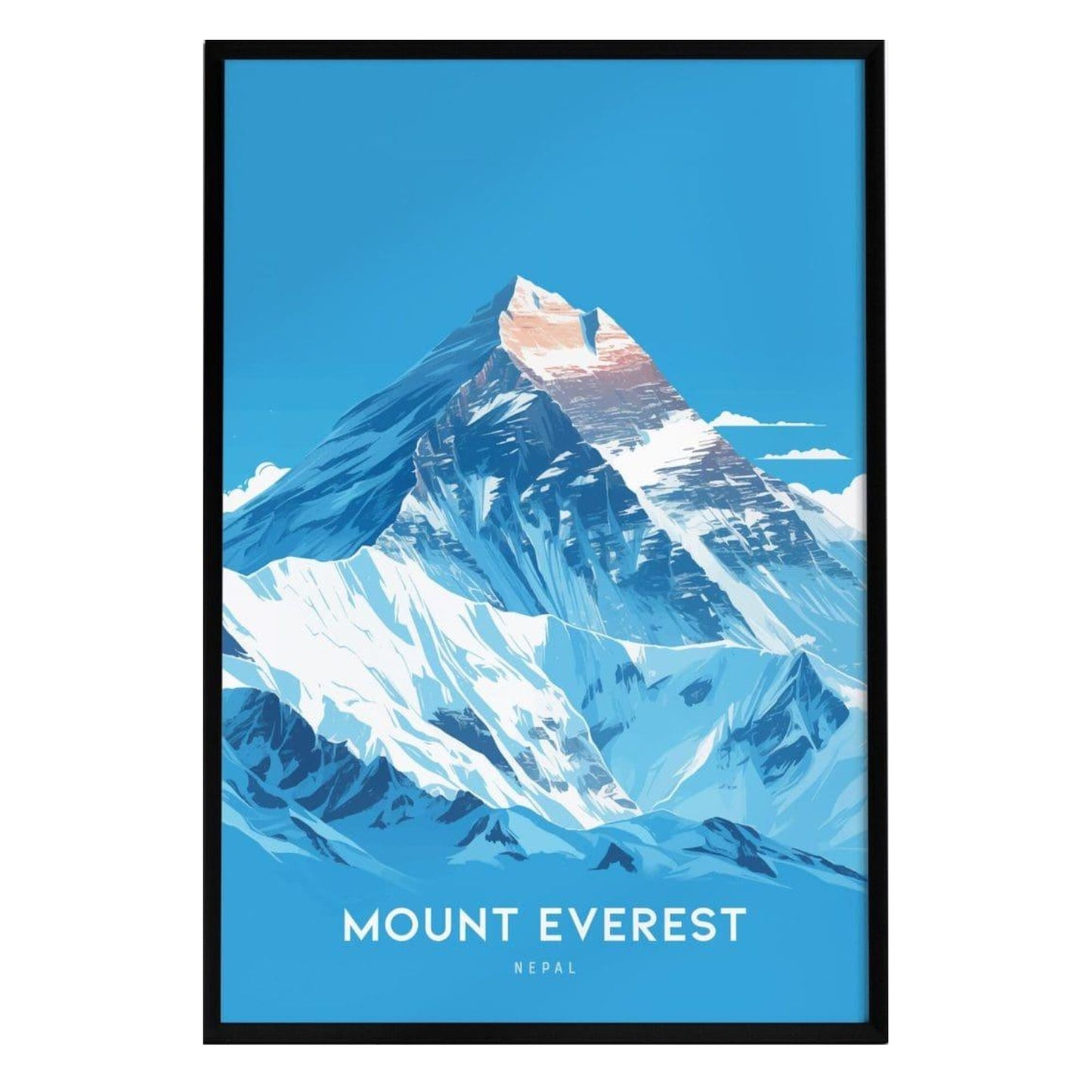 A vibrant poster of Mount Everest showcases the iconic snow-capped peak against a bright blue sky, with stylized white and blue mountains in the foreground.