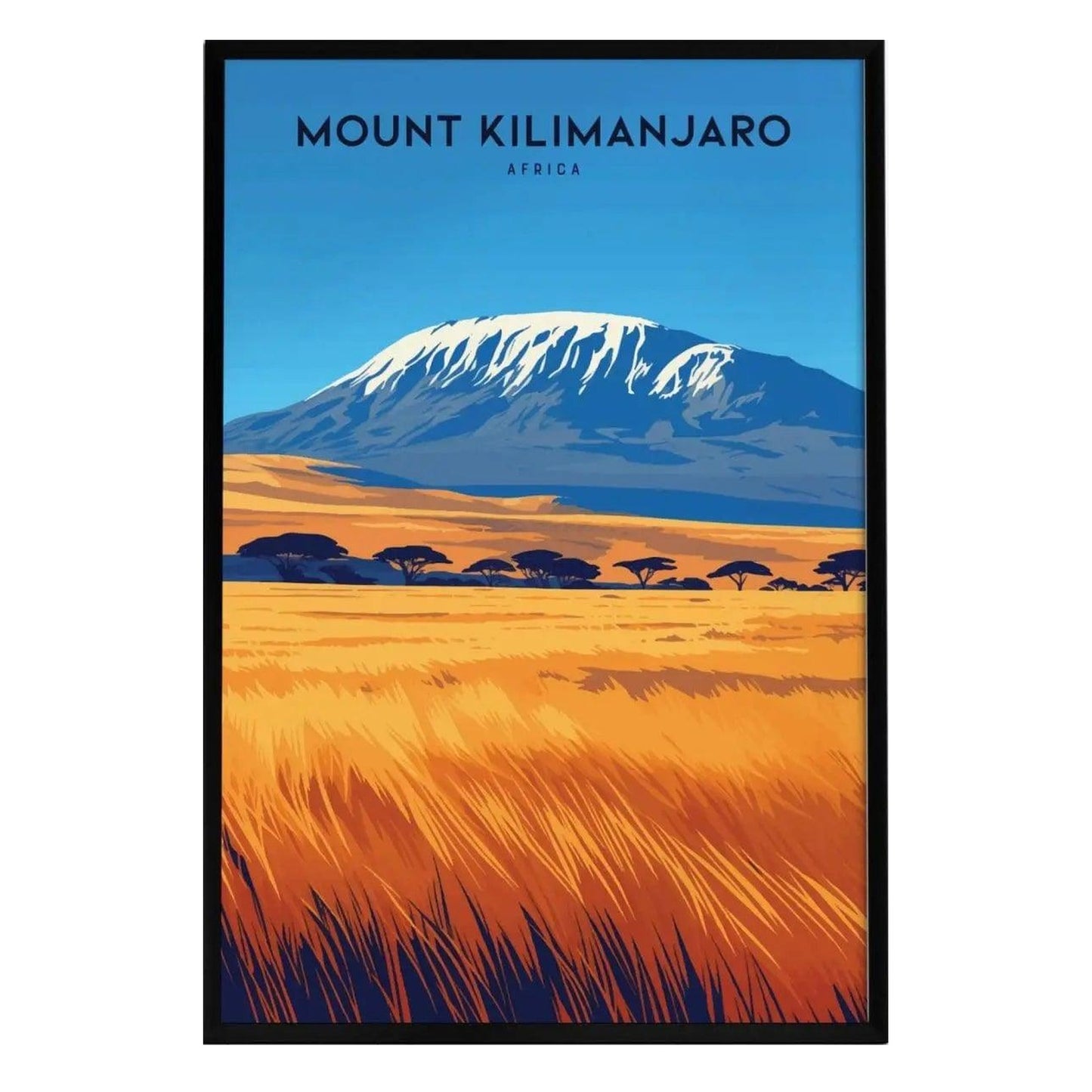 A vibrant poster of Mount Kilimanjaro showcases the iconic snow-capped peak against a backdrop of golden savanna grasslands and blue skies. The artwork features bold colors and a modern design, making it a striking addition to any space.
