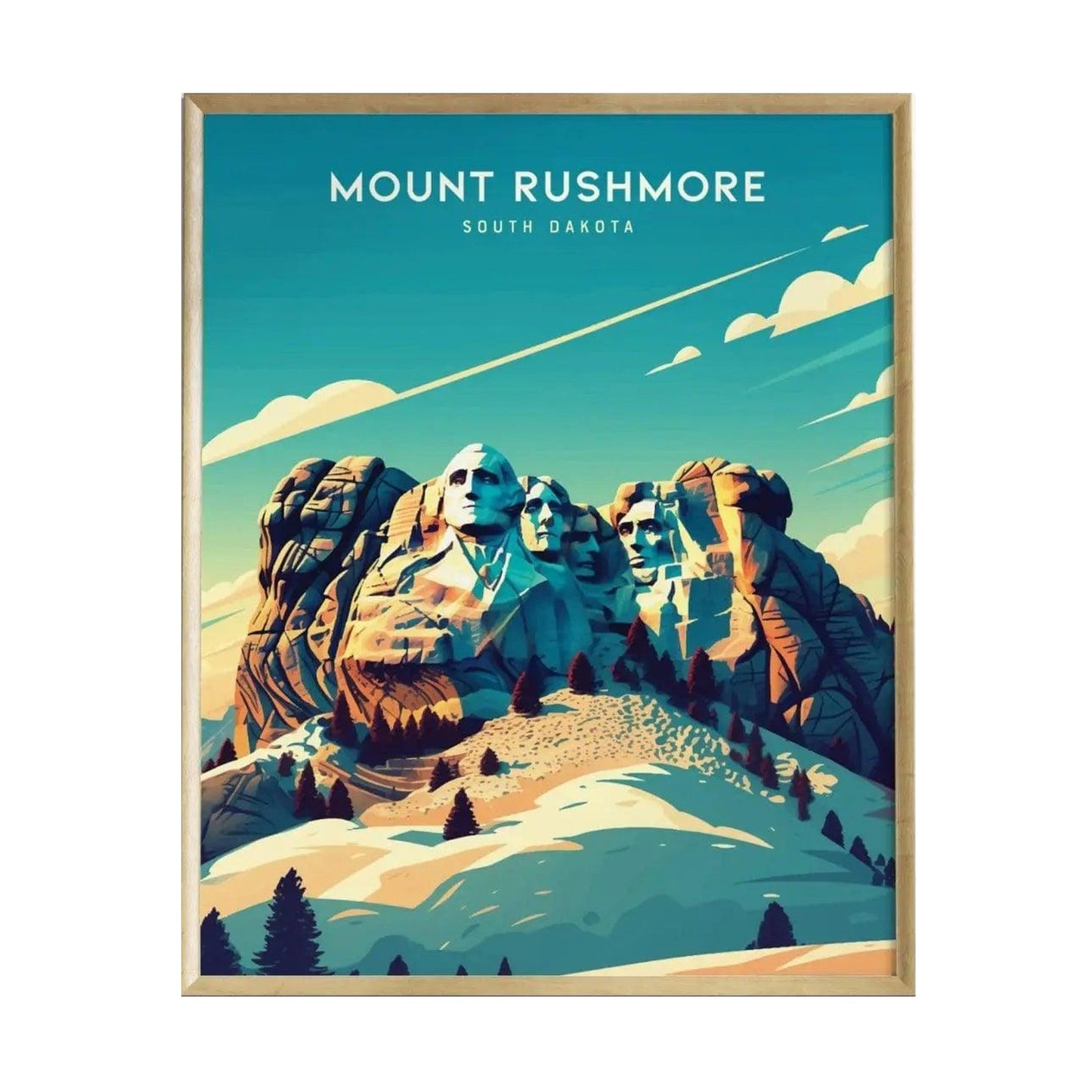 A vibrant illustrated poster of Mount Rushmore featuring the iconic granite faces of four presidents carved into the cliffs. The artwork showcases a scenic view with a clear blue sky and stylized clouds above a snow-covered landscape.