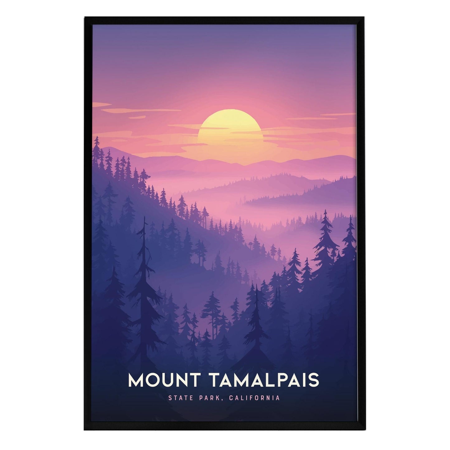A vibrant poster featuring Mount Tamalpais State Park, showcasing a stunning sunset with hues of pink, purple, and orange. Silhouetted pine trees frame the foreground, creating a serene.