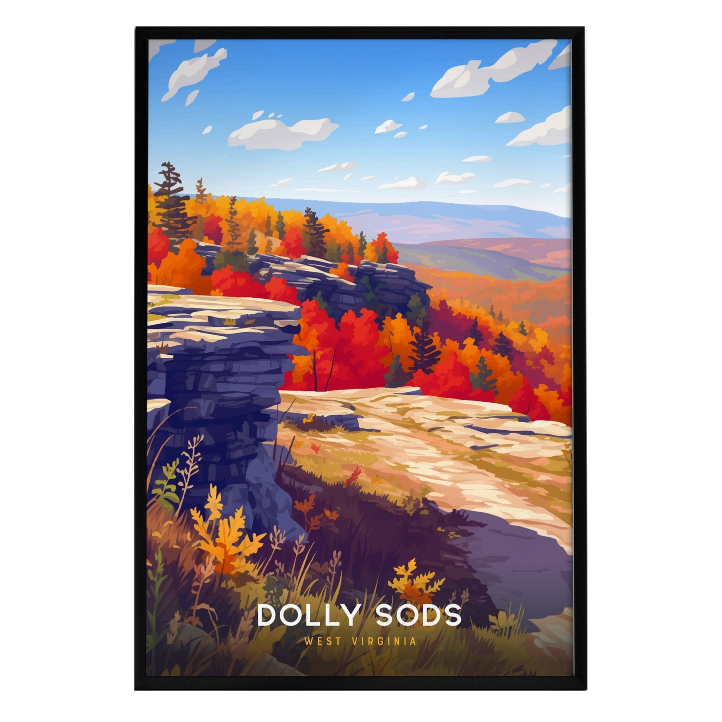 Framed wall art depicting a colorful autumn landscape of Dolly Sods in West Virginia, showcasing vibrant orange and yellow foliage against rocky cliffs and a clear blue sky. The print captures the serene beauty of the area.