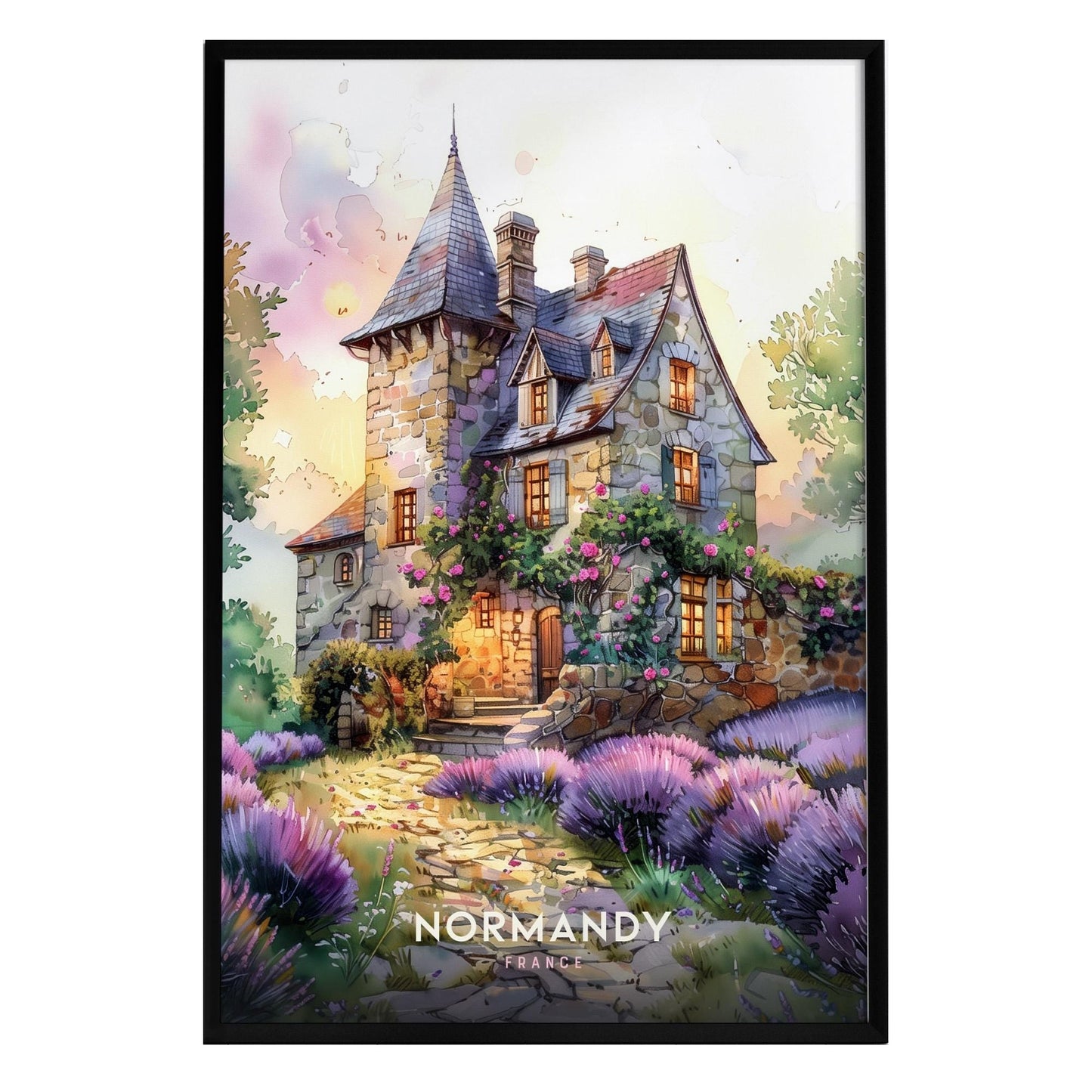 A beautifully illustrated poster of a charming stone cottage in Normandy, France, featuring a whimsical design with colorful flowers, lavender fields, and a soft, dreamy sky.