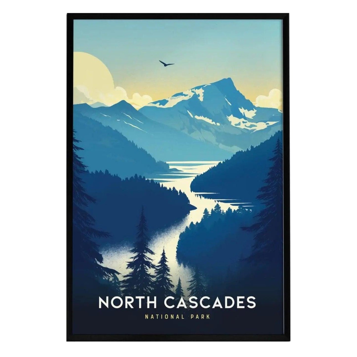 A stylized poster of North Cascades National Park featuring a serene landscape with towering mountains, a river, and dense evergreen forests under a clear blue sky. The artwork includes the text NORTH CASCADES NATIONAL PARK at the bottom.
