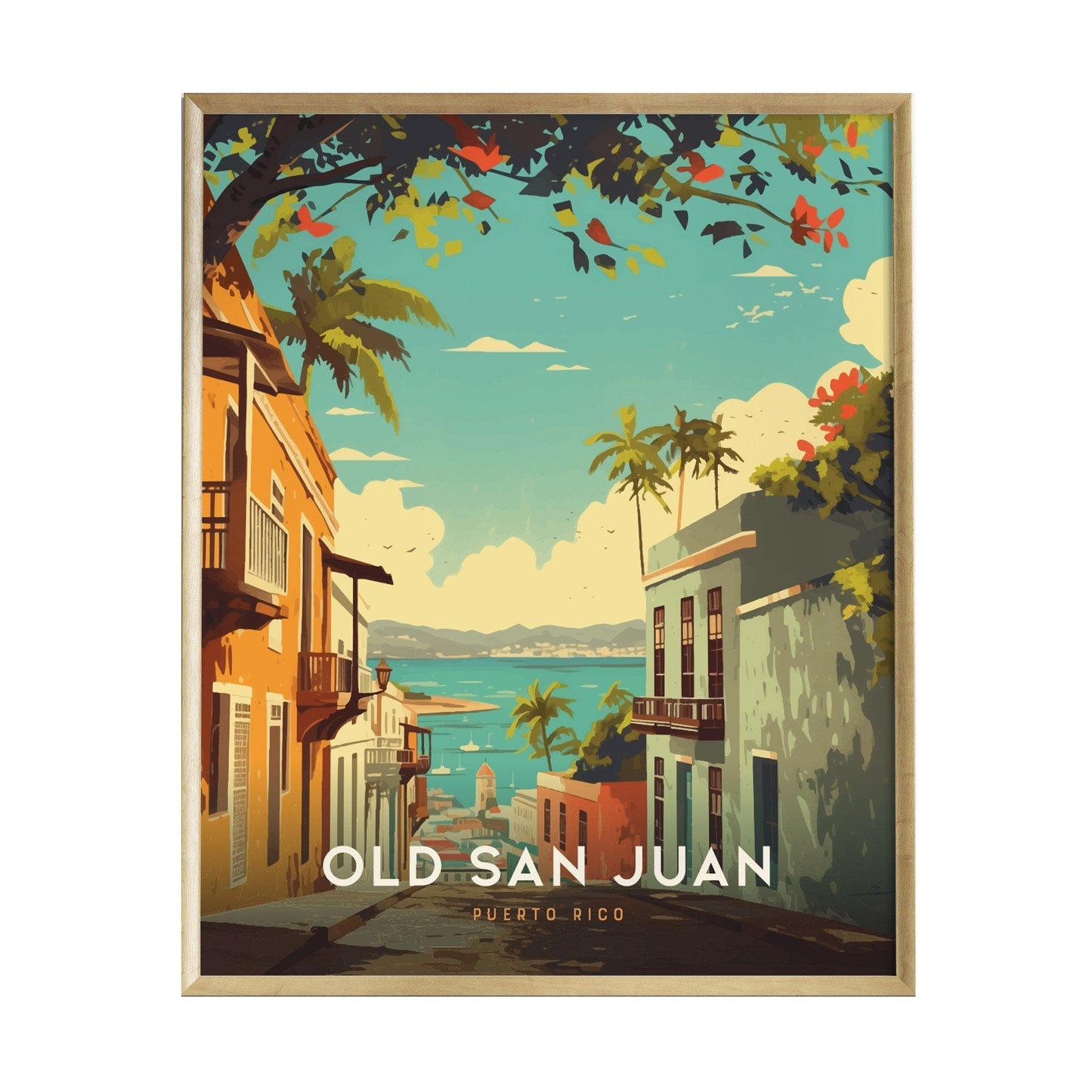 A vibrant poster depicting a scenic view of Old San Juan, showcasing colorful buildings with balconies, palm trees, and a serene bay in the background.