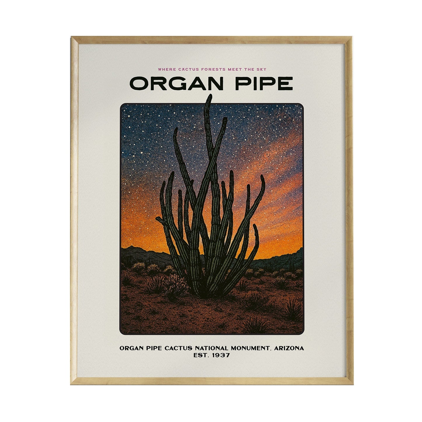 A framed poster featuring the Organ Pipe Cactus against a vibrant sunset sky, showcasing rich hues of orange and blue. The text highlights the Organ Pipe Cactus National Monument in Arizona, established in 1937.