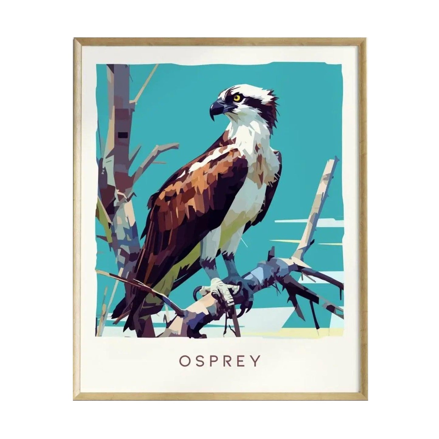 A vibrant, modern art print of an Osprey perched on a branch, showcasing its striking brown and white feathers against a bright blue background. The artwork is framed in a sleek gold frame, adding elegance to the design.