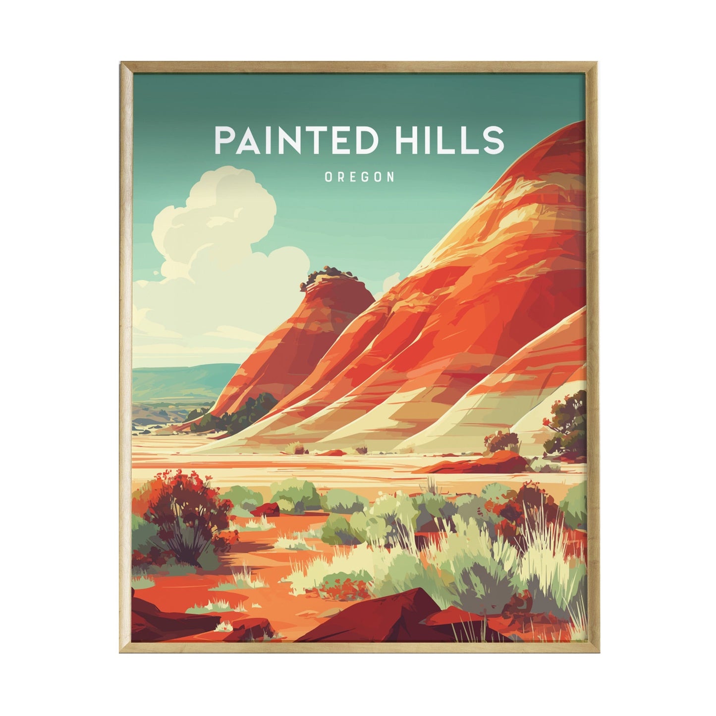 A vibrant poster featuring the Painted Hills of Oregon, showcasing colorful layered hillsides in shades of red and gold, set against a clear blue sky. The artwork captures the unique beauty of this iconic desert landscape.