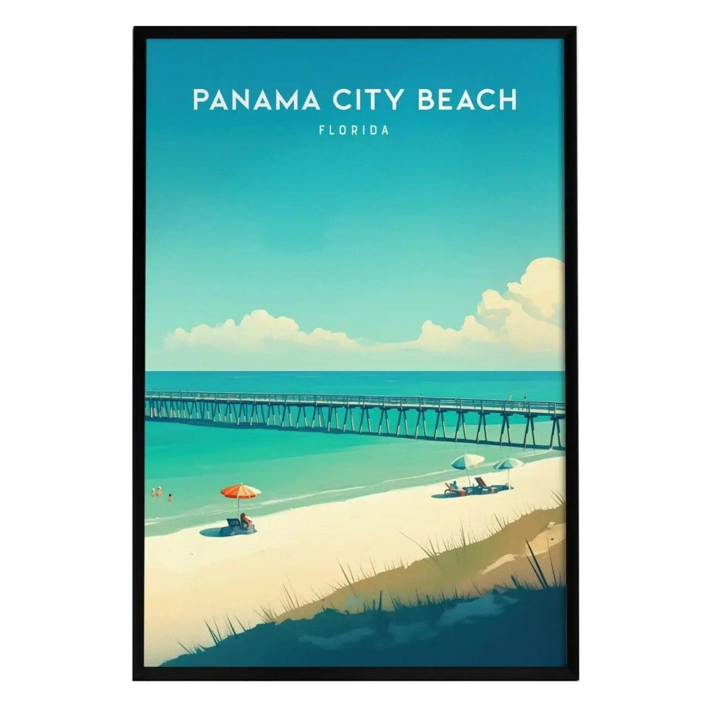 A vibrant poster of Panama City Beach, Florida, featuring a serene beach scene with soft white sand, turquoise water, and a wooden pier extending into the ocean.
