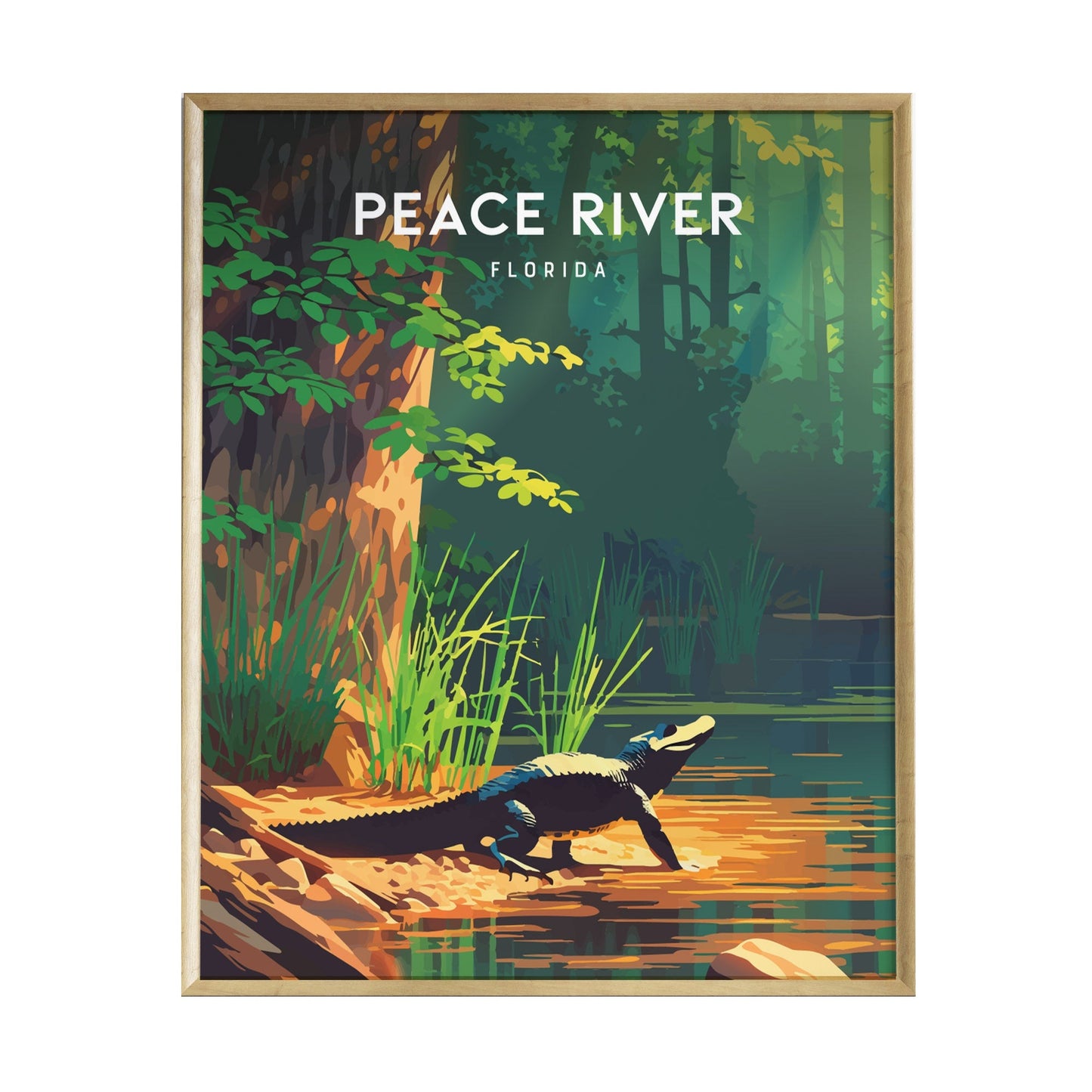 A vibrant poster titled Peace River, Florida features a serene landscape with lush cypress trees and a calm river. An alligator is depicted near the waters edge, adding to the tranquil essence of Floridas natural beauty.