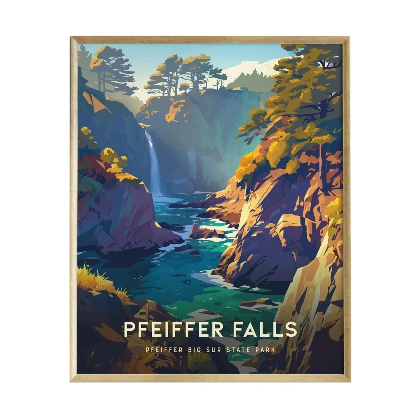 A vibrant illustration of Pfeiffer Falls in Big Sur, depicting a serene waterfall cascading into a turquoise pool surrounded by rocky cliffs and lush trees. The artwork features a modern style with warm colors, framed for display.