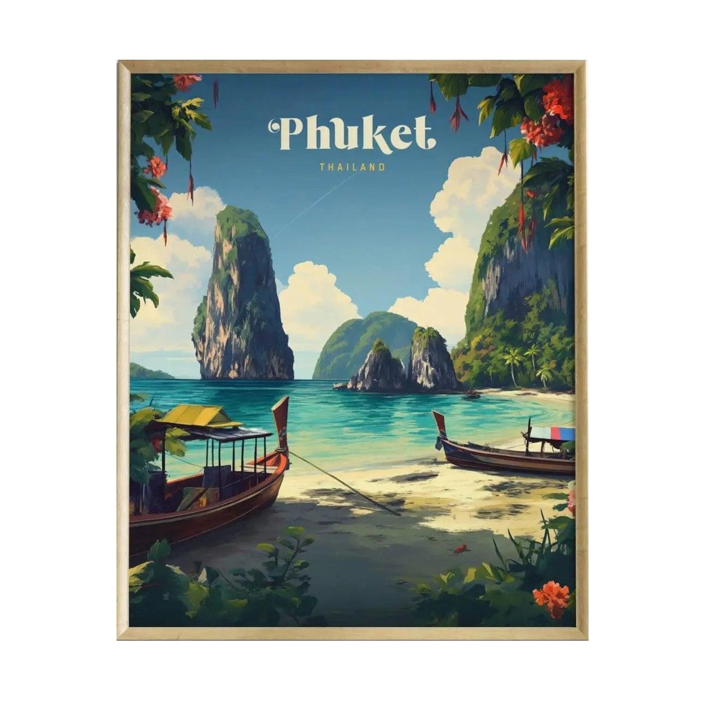 A vibrant poster featuring a scenic view of Phuket, Thailand, showcasing lush green cliffs, clear blue waters, and traditional longtail boats anchored on the shore.