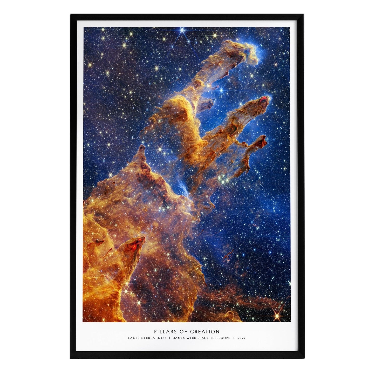 A vibrant poster titled Pillars of Creation, showcasing a stunning near-infrared image of the Eagle Nebula captured by the James Webb Space Telescope.