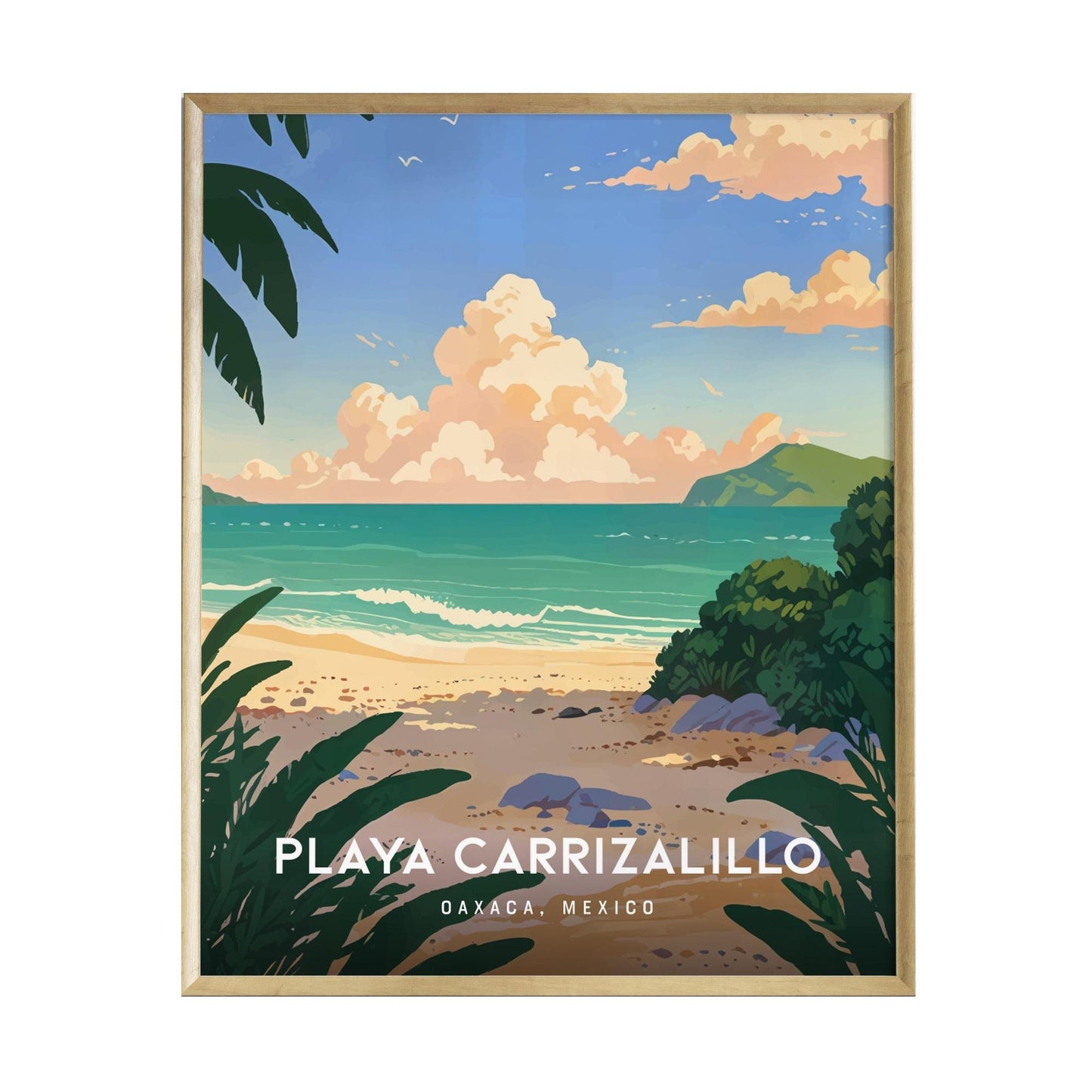 A vibrant illustration of Playa Carrizalillo in Oaxaca, Mexico, showcasing a serene beach scene with gentle waves, lush greenery in the foreground, and colorful clouds in the sky, all framed within a natural wood border.