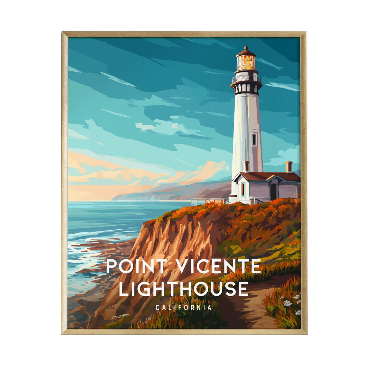 A stylized illustration of the Point Vicente Lighthouse in California, set against a vibrant sky with soft clouds and ocean waves.