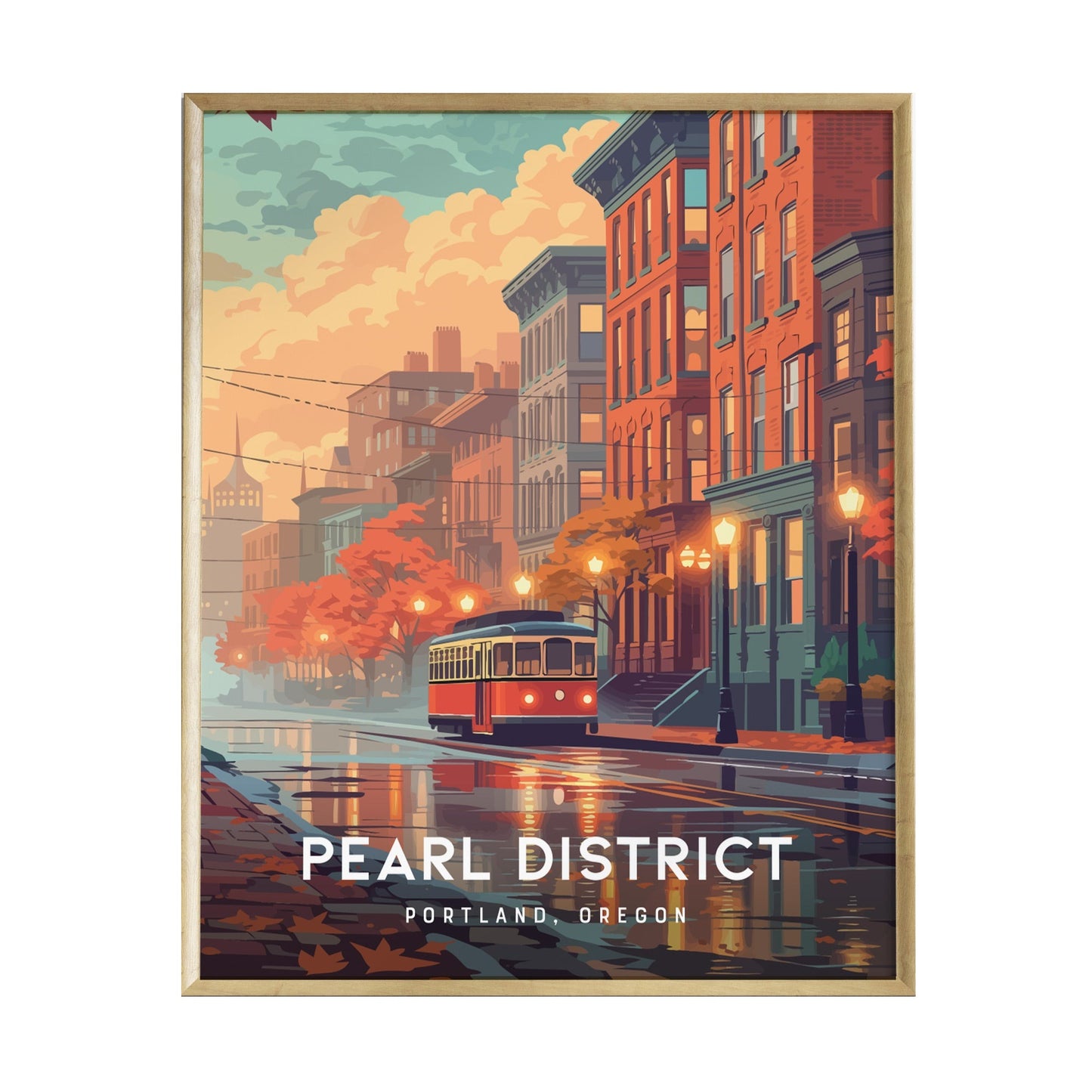 A vibrant illustration of the Pearl District in Portland, Oregon, featuring a vintage streetcar traveling along a wet street lined with red brick buildings and autumn trees.