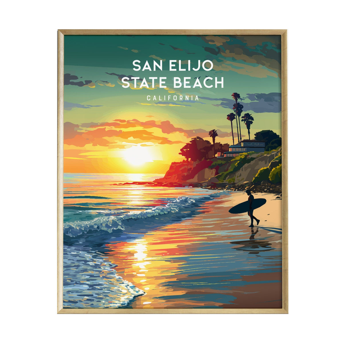 A vibrant poster of San Elijo State Beach in California features a surfer walking along the shoreline at sunset. The scene showcases colorful clouds, reflecting light on the water, with palm trees and coastal bluffs in the background.