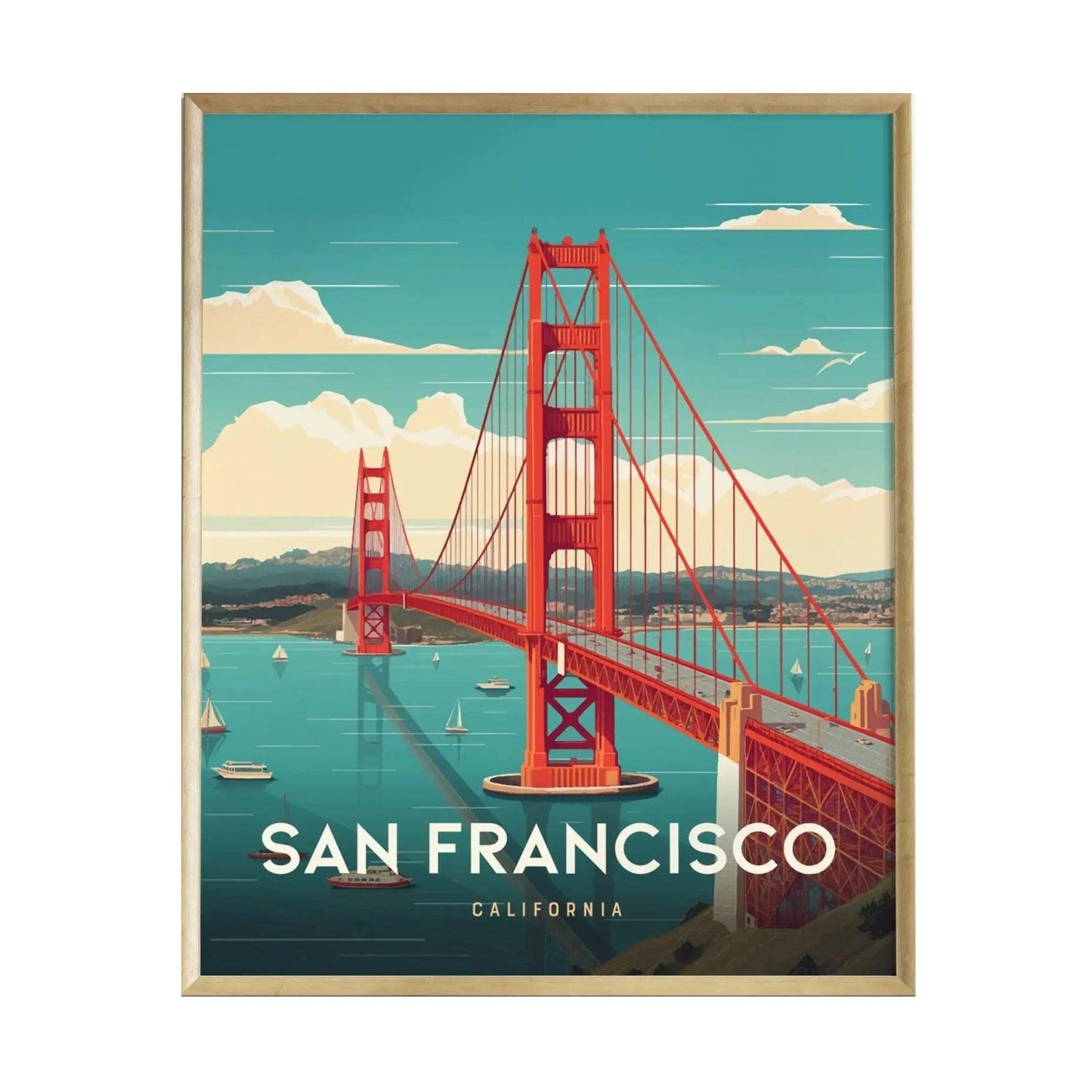 A vibrant poster featuring the iconic Golden Gate Bridge in San Francisco, California. The bridge is depicted in a bold International Orange against a serene blue sky and water, with sailboats gently floating in the bay below.