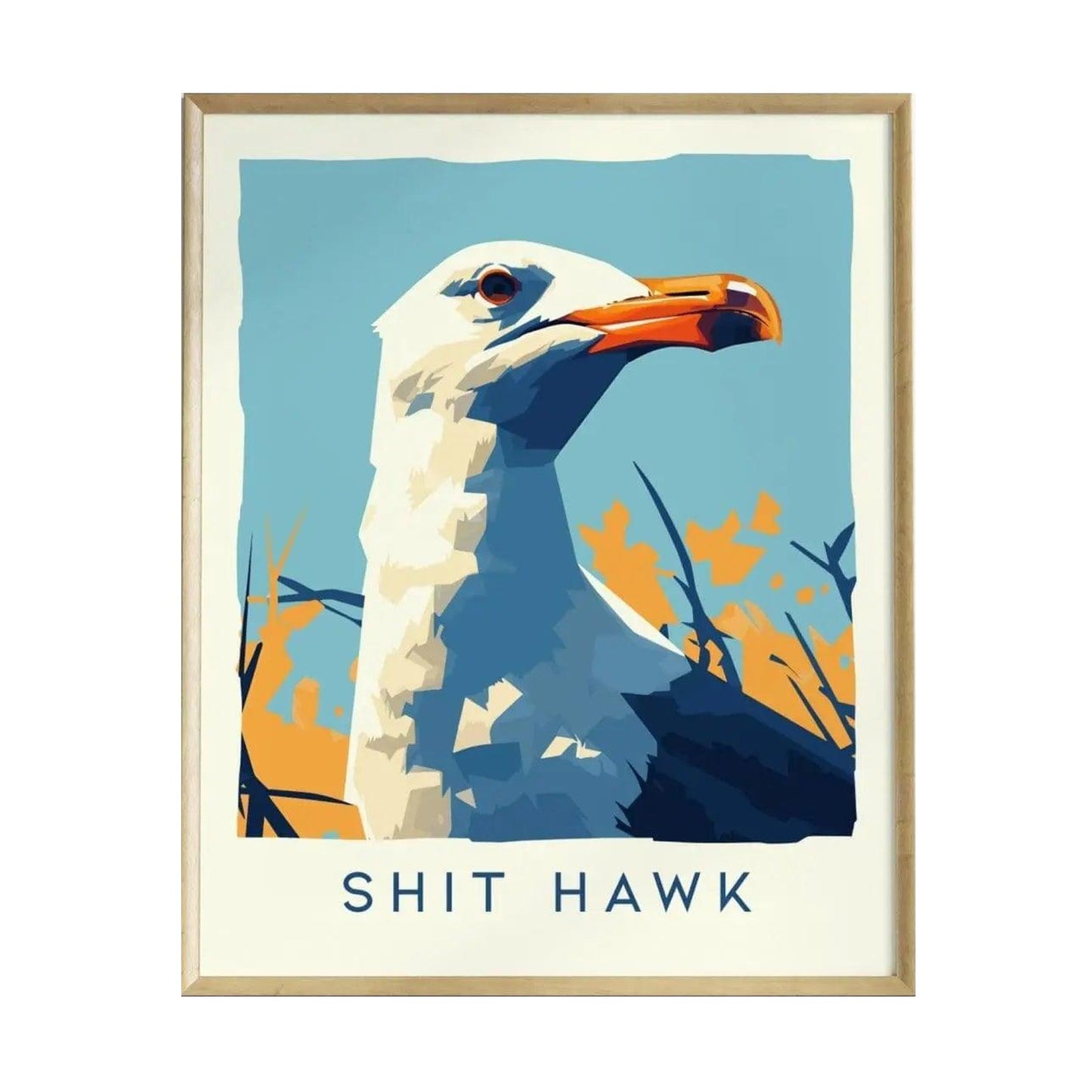 A framed poster features a stylized, colorful portrait of a seagull with a bold orange beak and a smug expression.