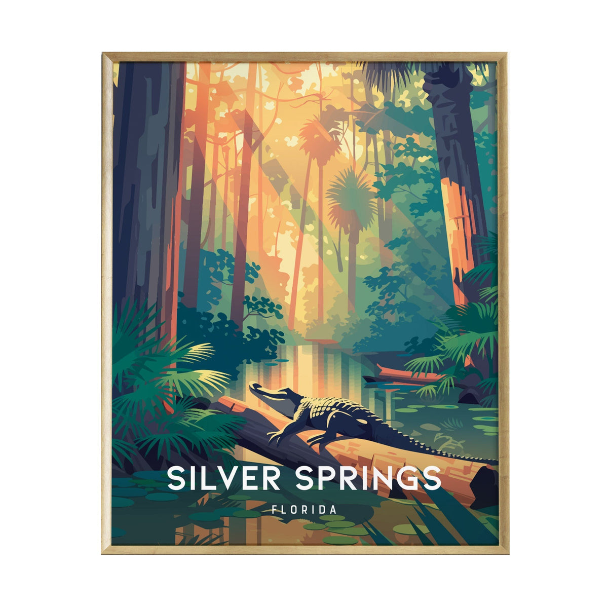 A vibrant illustrated poster of Silver Springs, Florida, featuring a serene landscape with lush greenery and a crocodile resting on a log.