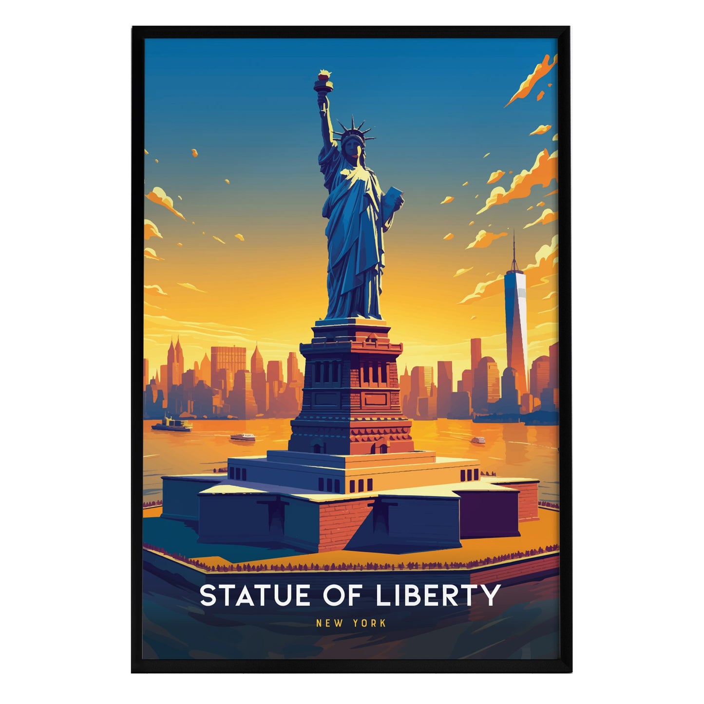 A vibrant poster of the Statue of Liberty stands prominently in the foreground, showcasing Lady Liberty with her torch raised high against a colorful sunset backdrop.
