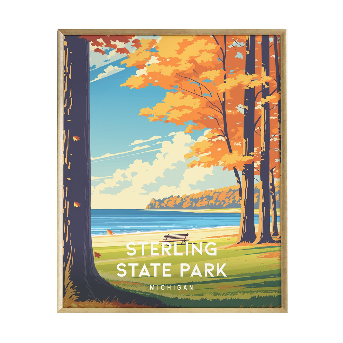 A vibrant poster depicting Sterling State Park in Michigan, showcasing colorful autumn trees with orange and yellow leaves, a calm lake, and a sandy beach under a bright blue sky.
