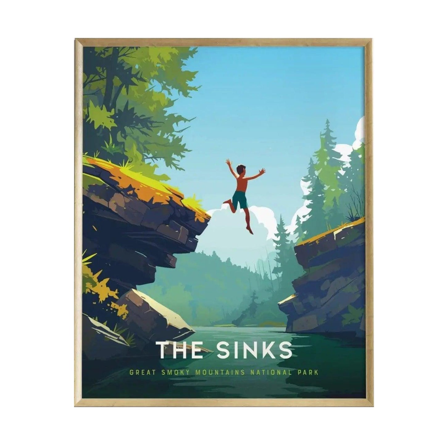 A vibrant illustration of a person leaping from a rock into a crystal-clear swimming hole, surrounded by lush greenery and steep cliffs of The Sinks in Great Smoky Mountains National Park.