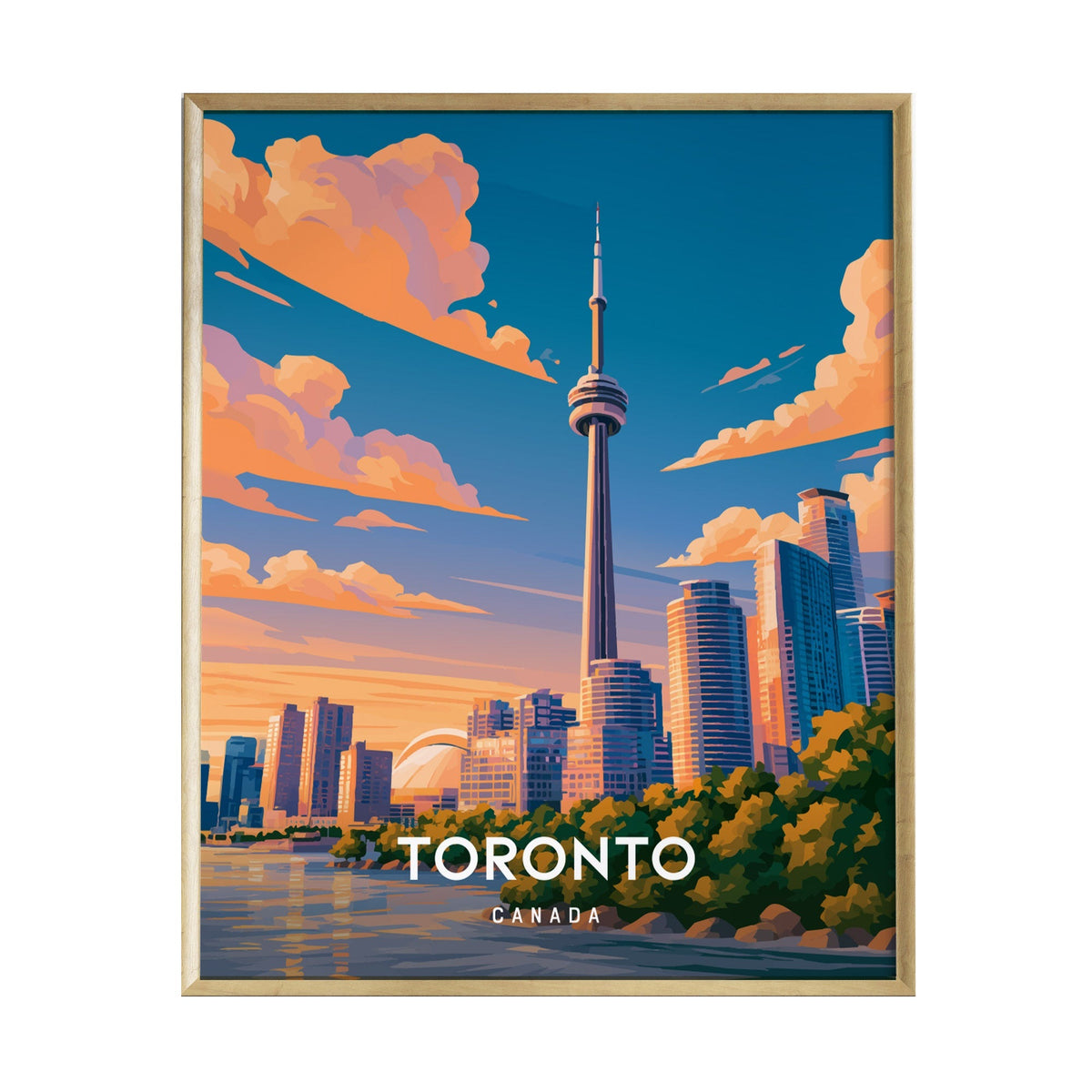 A vibrant illustration of Torontos skyline features the iconic CN Tower prominently against a colorful sunset sky. The artwork captures modern skyscrapers and lush greenery, with the word TORONTO displayed at the bottom.