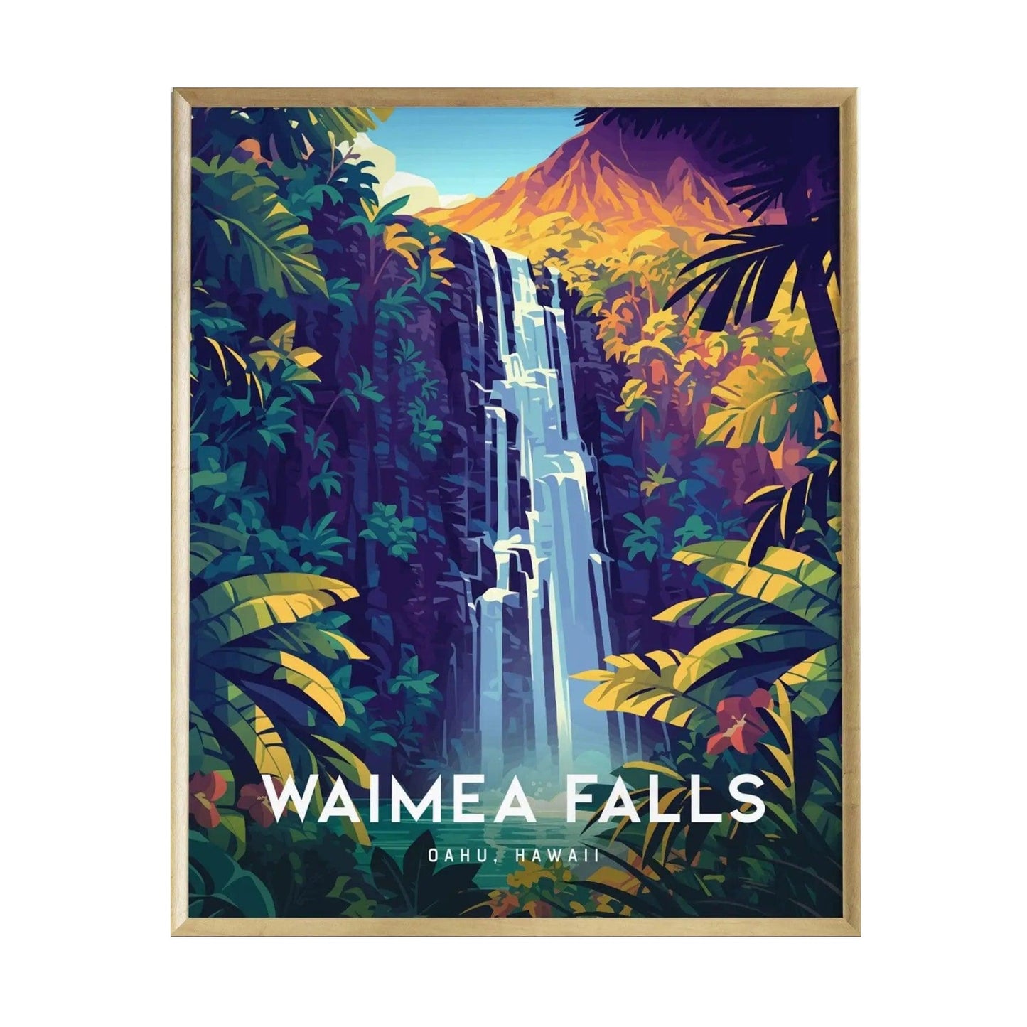 A vibrant illustration of Waimea Falls, showcasing a majestic waterfall cascading down rocky cliffs, surrounded by lush tropical vegetation and colorful foliage.