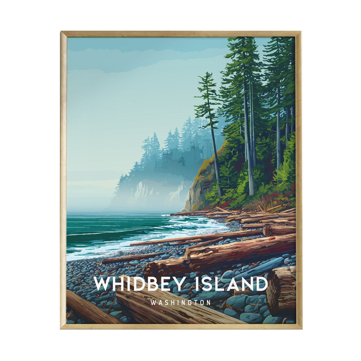 A beautifully illustrated poster of Whidbey Island, Washington, featuring towering evergreens along rugged bluffs and a tranquil shoreline with logs scattered on a pebbly beach.