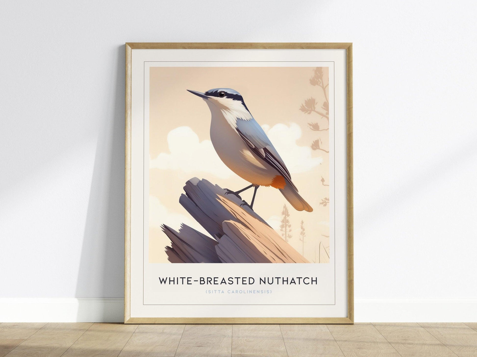 White-Breasted Nuthatch bird poster featuring minimalist illustration on branch with pastel background wildlife wall art
