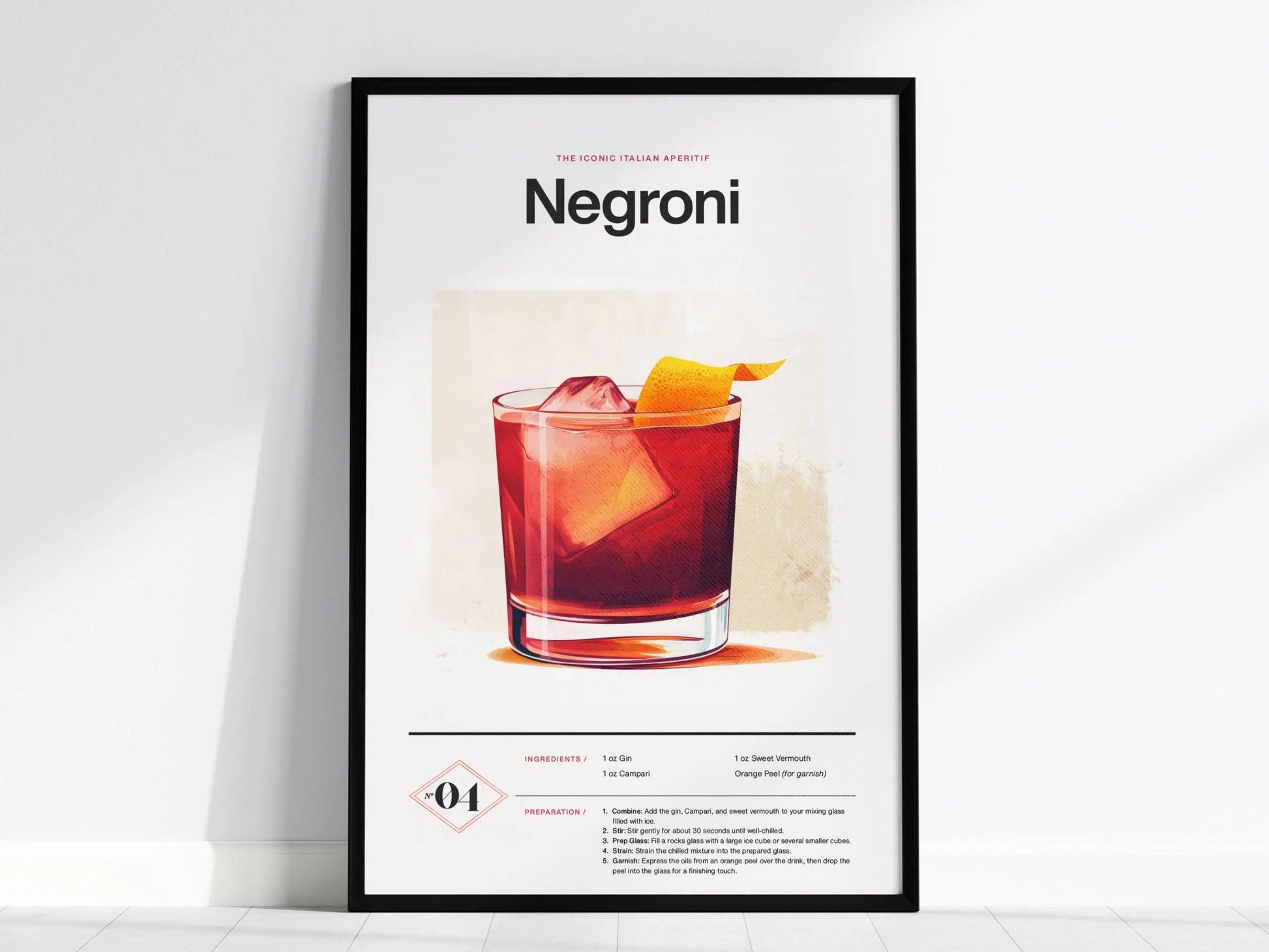 Negroni Cocktail Framed Poster | Classic Gin & Campari Minimalist Design | Negroni Lover Gift | Kitchen Bar Home Decor - Swell Scenes