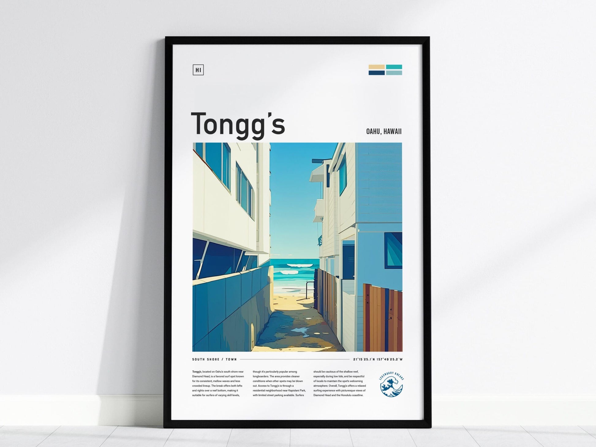 Tongg's Surf Spot Framed Poster | Tonggs Beach Hawaii Wave Wall Art | Oahu HI Waikiki Surfer Travel Print | Surfing Minimal Design - Swell Scenes
