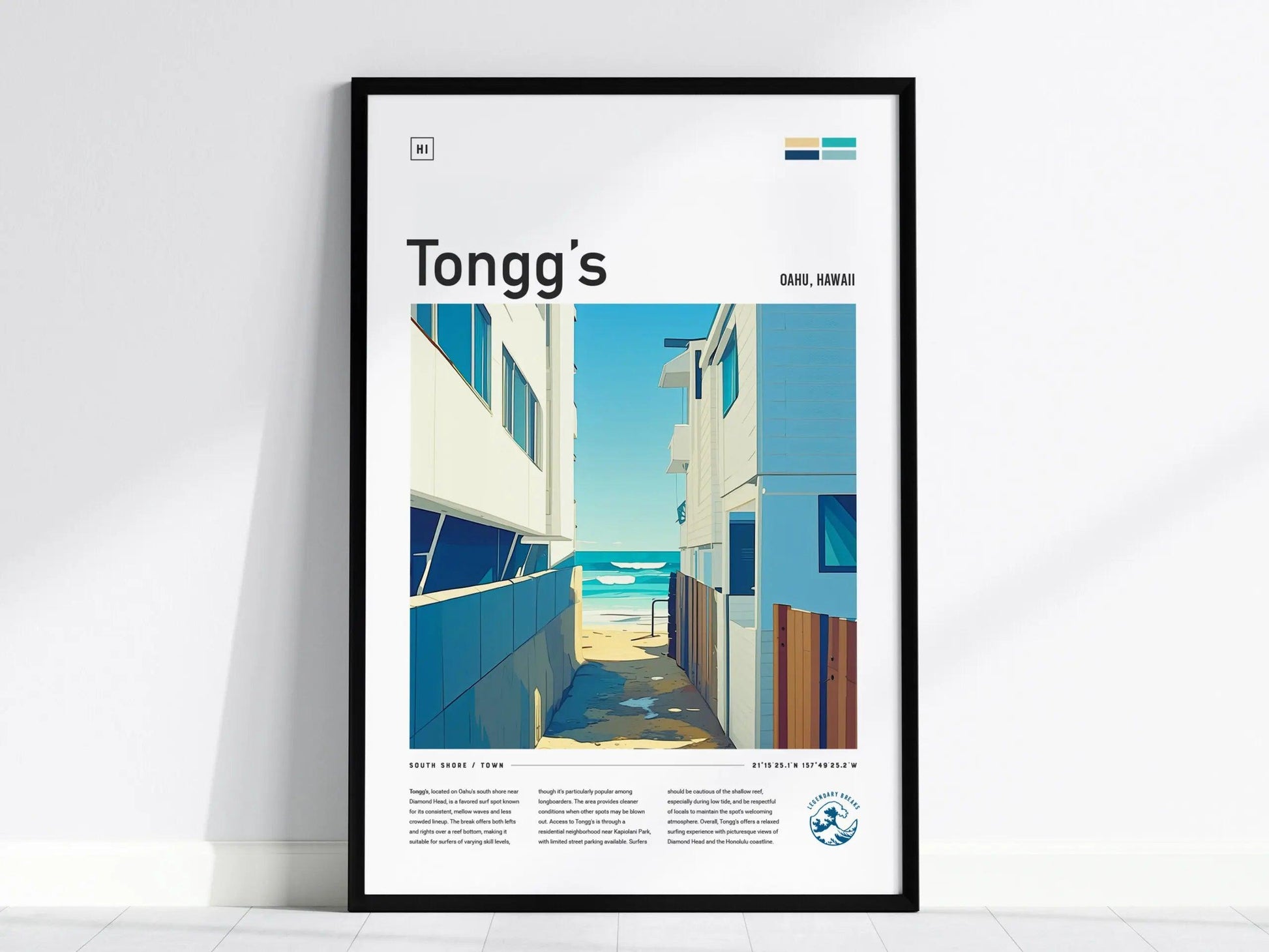 Tongg's Surf Spot Framed Poster | Tonggs Beach Hawaii Wave Wall Art | Oahu HI Waikiki Surfer Travel Print | Surfing Minimal Design - Swell Scenes