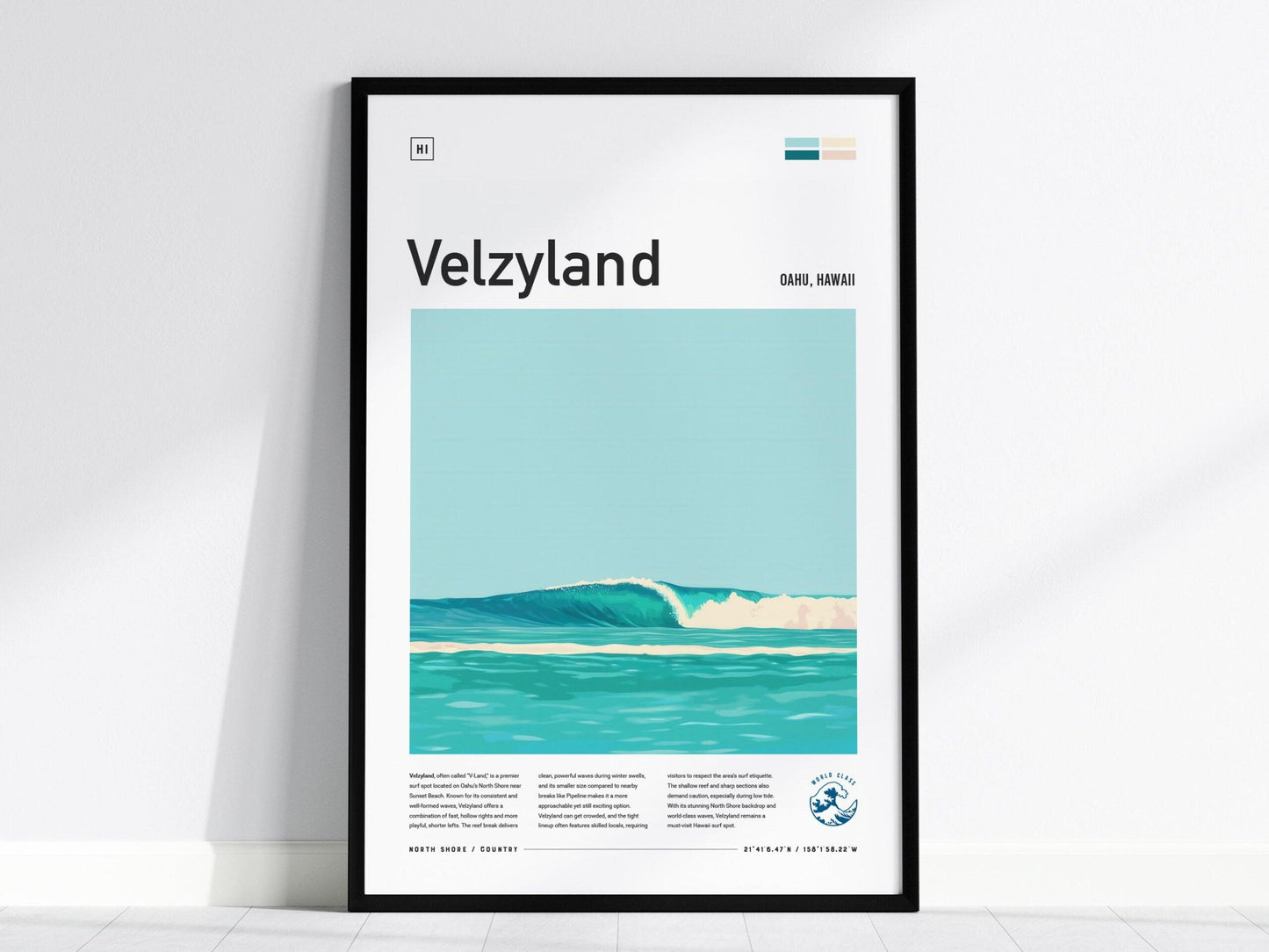 Velzyland Oahu Surf Spot Framed Poster | V-Land Wave Modern Wall Art | North Shore Surfer Travel Print | Hawaii Surfing Minimalist Design - Swell Scenes