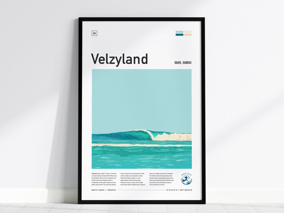 Velzyland Oahu Surf Spot Framed Poster | V-Land Wave Modern Wall Art | North Shore Surfer Travel Print | Hawaii Surfing Minimalist Design - Swell Scenes