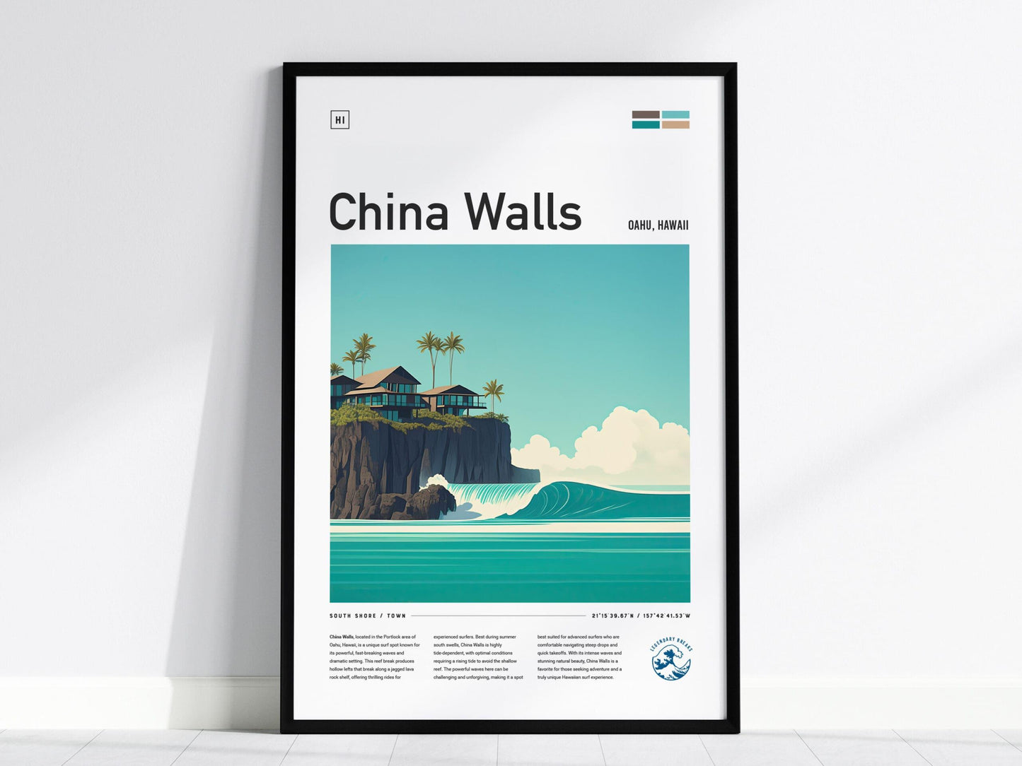 China Walls Oahu Surf Spot Framed Poster | Hawaii Kai Wave Wall Art | HI Town Surfer Travel Print | South Shore Surfing Minimalist Design - Swell Scenes