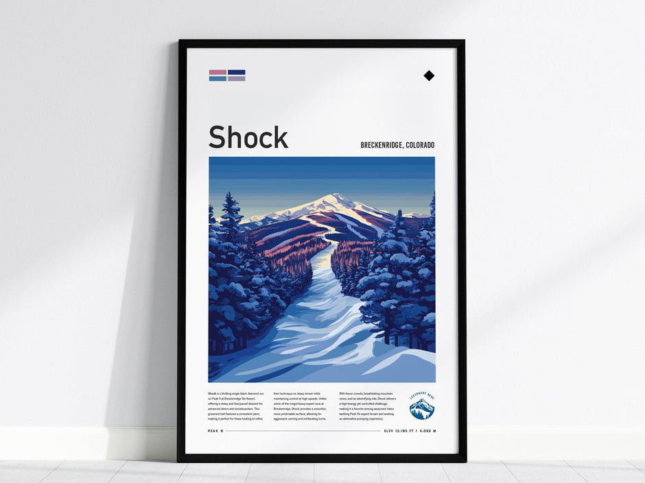 Shock Ski Run Poster | Breckenridge Resort Colorado Black Diamond Expert Skiing Slope Framed Print Skier Snowboarder Cabin Lodge Art Decor Gift - Swell Scenes
