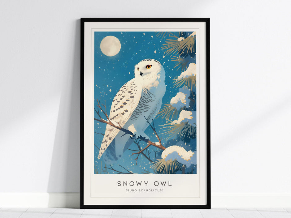 Snowy Owl Moon Framed Poster | Bird Lover Winter Nature Modern Wall Art | Bird Of Prey Audubon Print Decor - Swell Scenes