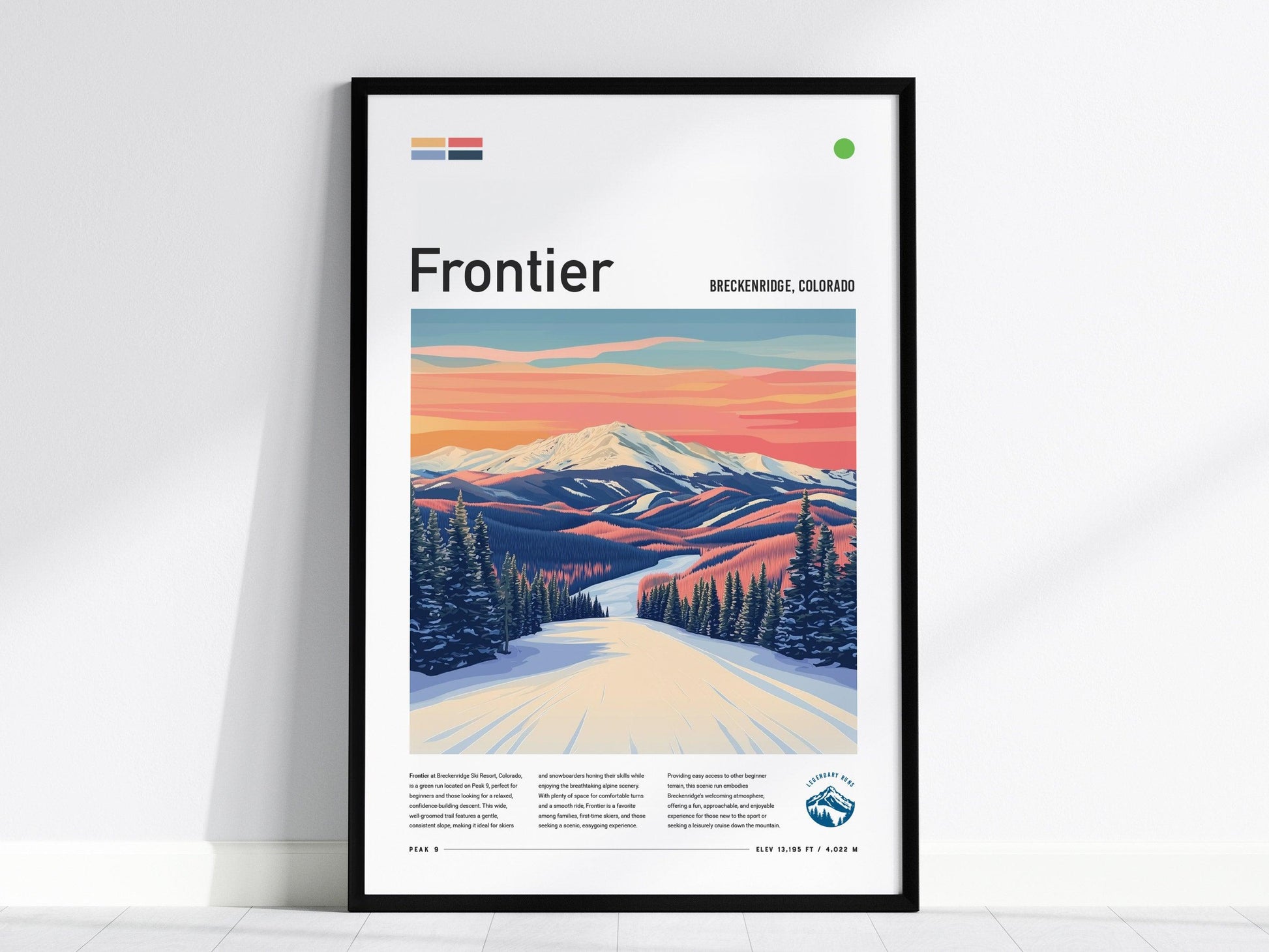 Frontier Ski Run | Breckenridge Resort Colorado Green Beginner Skiing Slope Framed Poster Skier Snowboarder Cabin Lodge Art Decor Gift - Swell Scenes