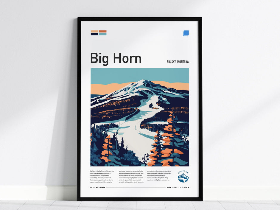 Big Horn | Big Sky Montana Intermediate Blue Ski Run Framed Poster Skier Snowboarder Lone Mountain Cabin Resort Skiing Trip Art Decor Gift - Swell Scenes