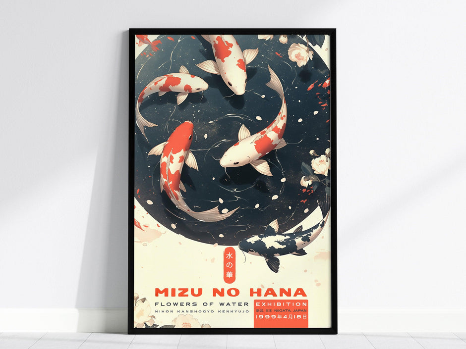 Mizu No Hana Koi Fish Art Poster – Japanese Exhibition Print, Zen Wall Art, Available Framed/Unframed, Elegant Home Decor - Swell Scenes
