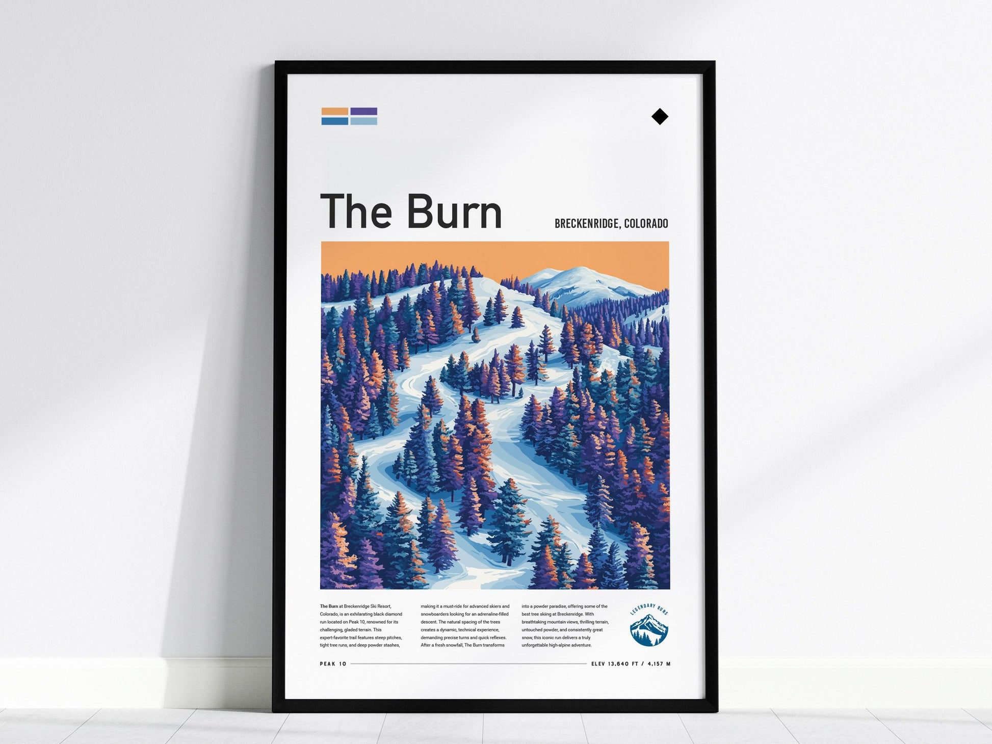 Framed poster of a mountain landscape with 'The Burn' and Breckenridge, Colorado text.